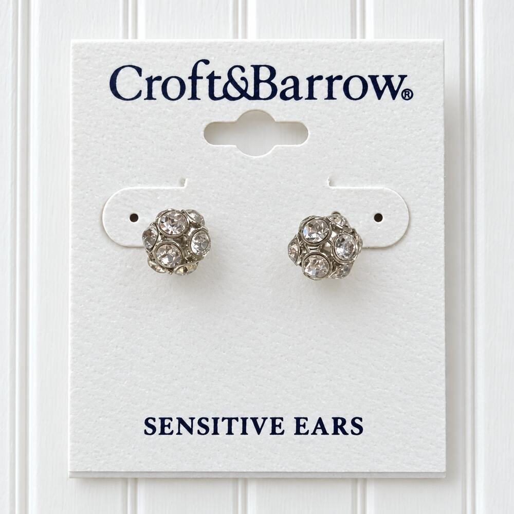 Croft & Barrow Silver Tone Stud Earrings Sensitive Ears Clear Stone Classic